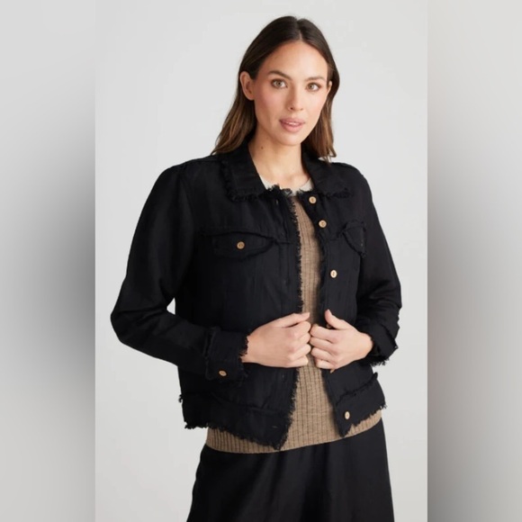 Arte Italica & Crown Linen Black Jessie Linen Lightweight Raw Hem Jacket - Picture 2 of 6